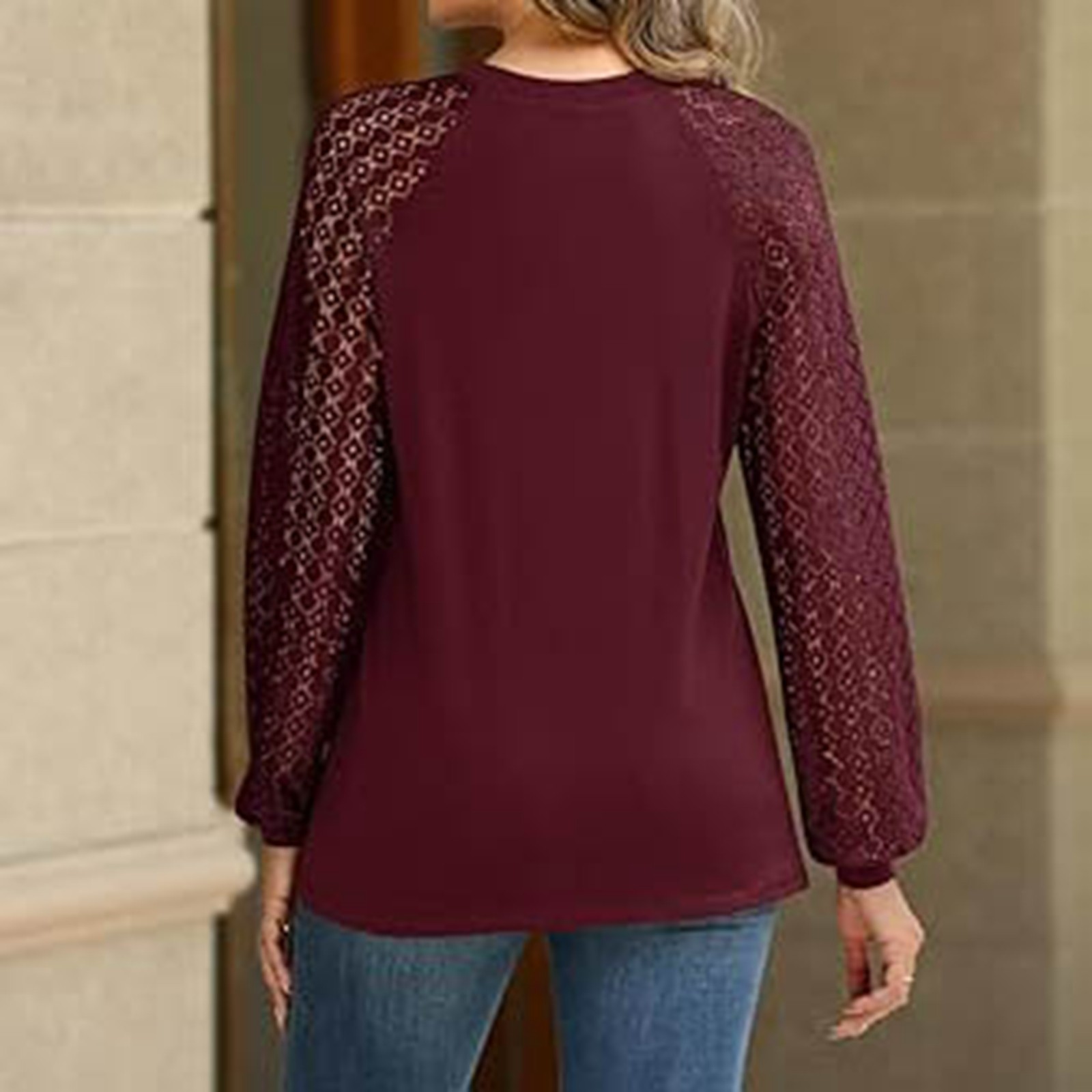 thumbnail image 5 of Camisa de manga larga con encaje recortado para mujer: top de punto informal de negocios, poliéster y spandex, tallas S-XXL, moda otoñal, 5 of 7